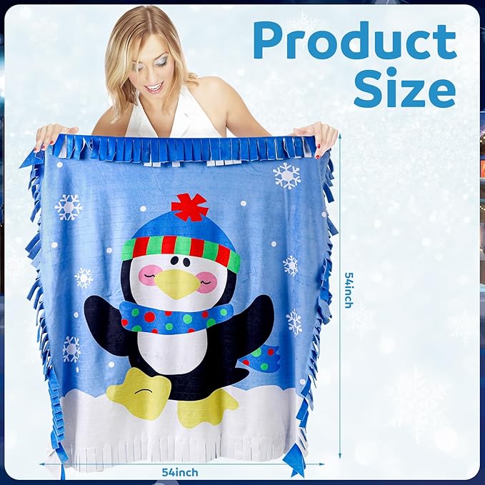 Peryiter Penguin Fleece Throw Craft Kit Soft Plush Throw Tie Blanket DIY Felt Fleece Gift for Winter Holiday Craft Fun Home Activities, 54 Inch x 54 Inch