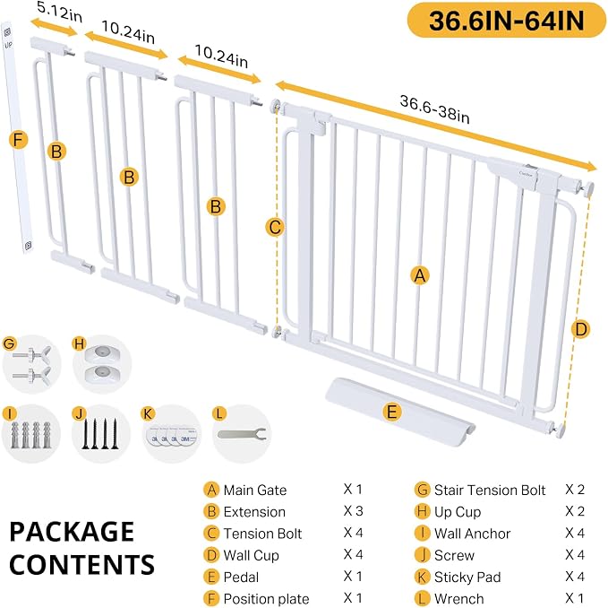 Cumbor 36.6-64" Extra Wide Baby Gate for Stairs, Dog Gates for Doorways, Auto-Close Pet Gate Indoor, Pressure Mounted Walk Through Safety Child Gate for Kids Toddler, Tall Pet Puppy Fence Gate, White