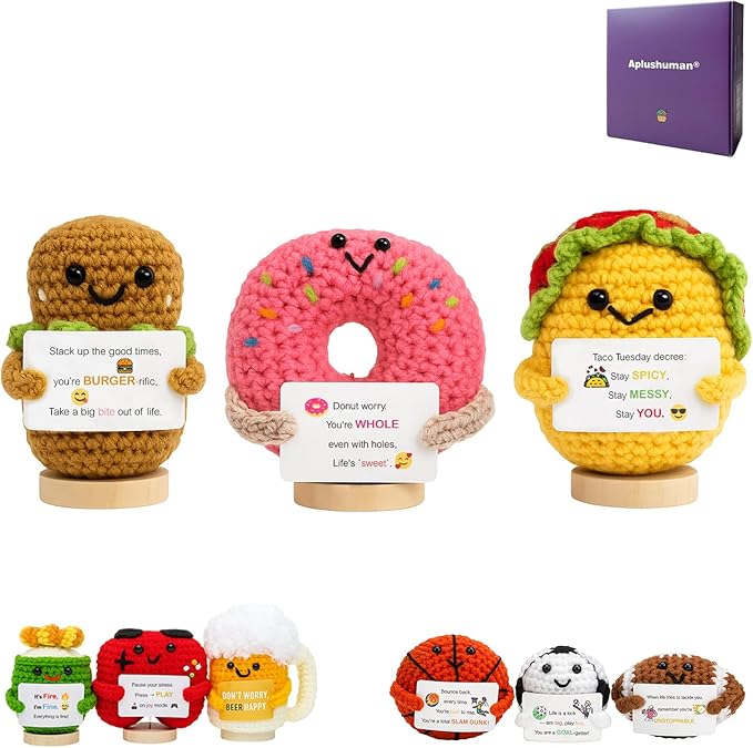 3-PCS | Food Fiesta Crochet Set | Taco Donut Burger Positive Plush | Handmade Emotional Stuffed Figures with Wooden Base & Inspirational Cards | Kitchen Festive Desk Ornaments for Teens Adults