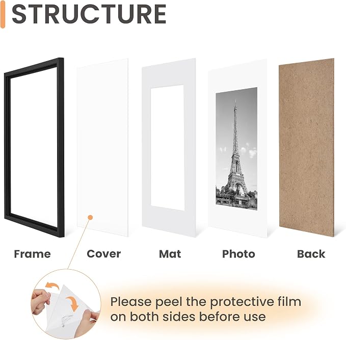 upsimples 10x12 Picture Frame Set of 5, Display Pictures 7x9 with Mat or 10x12 Without, Wall Gallery Poster Frames, Black