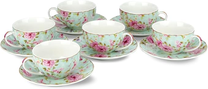BTaT- Floral Tea Cups and Saucers, Set of 6, 7 oz, Fine Porcelain Teacup Set with Gold Trim for Afternoon Tea, Weddings, Parties & Gifting, Dishwasher Safe and Freezer Safe