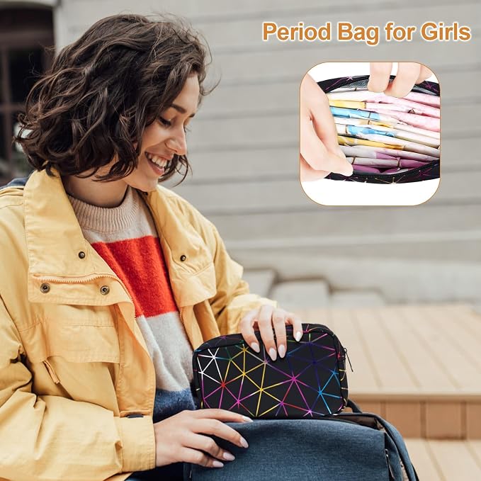 Likesing Period Bag for Girls Womens, Leather Sanitary Napkin Storage Bag, Portable Menstrual Pad Bag Period Pads Pouch, Small Make Up Bags(Colorful Black)