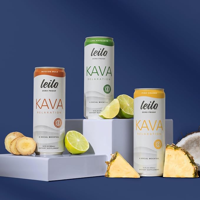 Leilo | Kava Powered Mocktail Drinks | Variety-Pack - Sugar-Free & Non-Alc Functional Relaxation Support - Includes 4 of Each: Margarita, Pina Colada, Moscow Mule | 12 fl oz Cans (Pack of 12)