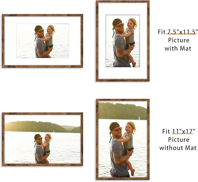 Picrit 11x17 Picture Frame Set of 12, Display 8x12 with Mat or 11x17 without Mat, Photo Frames for Wall Mounting Display, Brown