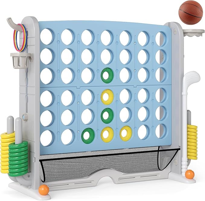 Costzon Giant 4-in-A-Row Connect Game, Height Adjustable 4-in-1 Jumbo 4-to-Score Yard Game with Golf, Ring Toss, Basketball, Cup Holder & Mesh Net, Indoor Outdoor Game for Kids Adults Family Party