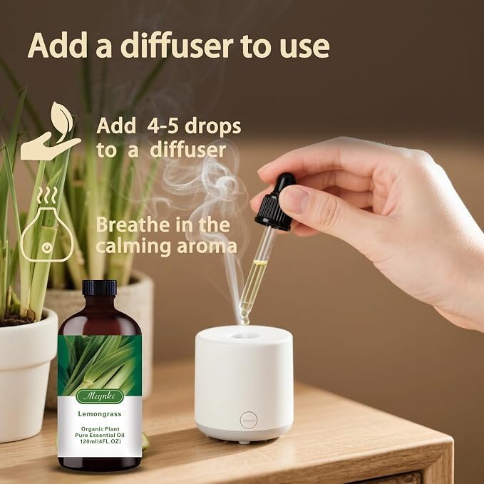 Lemongrass Essential Oil – Lemongrass Fragrance Oil for Cleaning, Diffuser, Humidifier, DIY Soap, Candle, Massage, Home, Pest Repellent, Gift Ready – MLYNKL Lemongrass Oils (4.33 fl oz / 130ml)