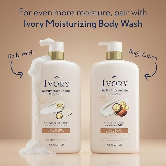 Ivory Hand & Body Lotion, 24hr Moisturizing, Repairs Extra Dry Skin, All Day Hydration, Lightweight Formula, Absorbs Instantly, Perfect for Daily Use, Shea Butter Blend, Oatmilk Scent, 27 fl oz
