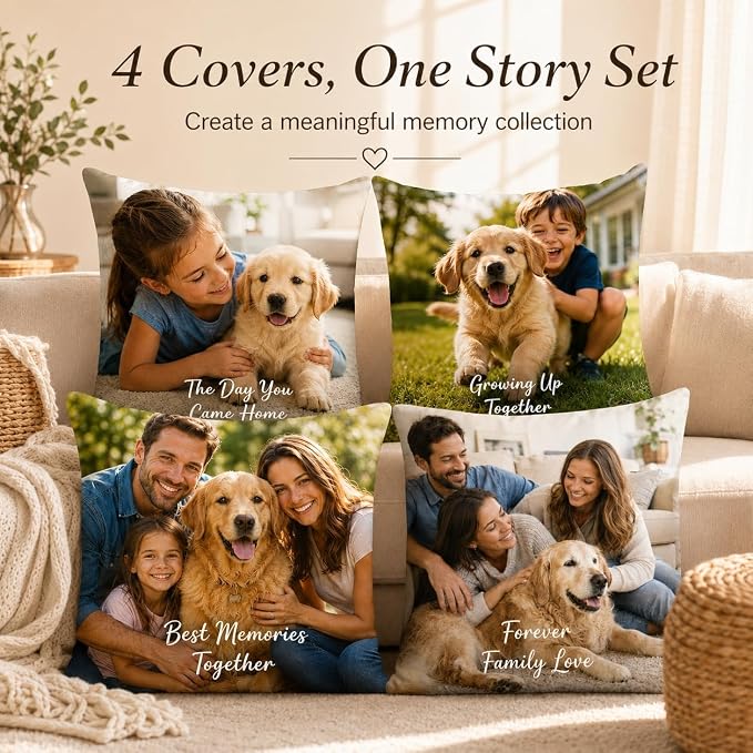 Bemaystar Custom Pillow Set of 4, Personalized Photo Pillow Covers with Picture Text, Made in USA, Custom Gifts for Family Pet Couple, Decorative Throw Pillow Gifts for Birthday Christmas (No Insert)