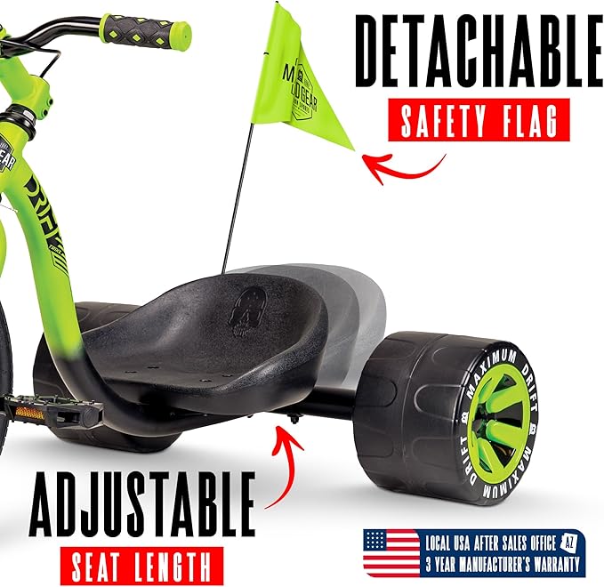 Drift Trike for Kids Ages 5+ 16" Front Wheel Ride-On with Adjustable Seat, Steel Frame, Rear Slick Drift Wheels & Safety Flag – Madd Gear Green Black