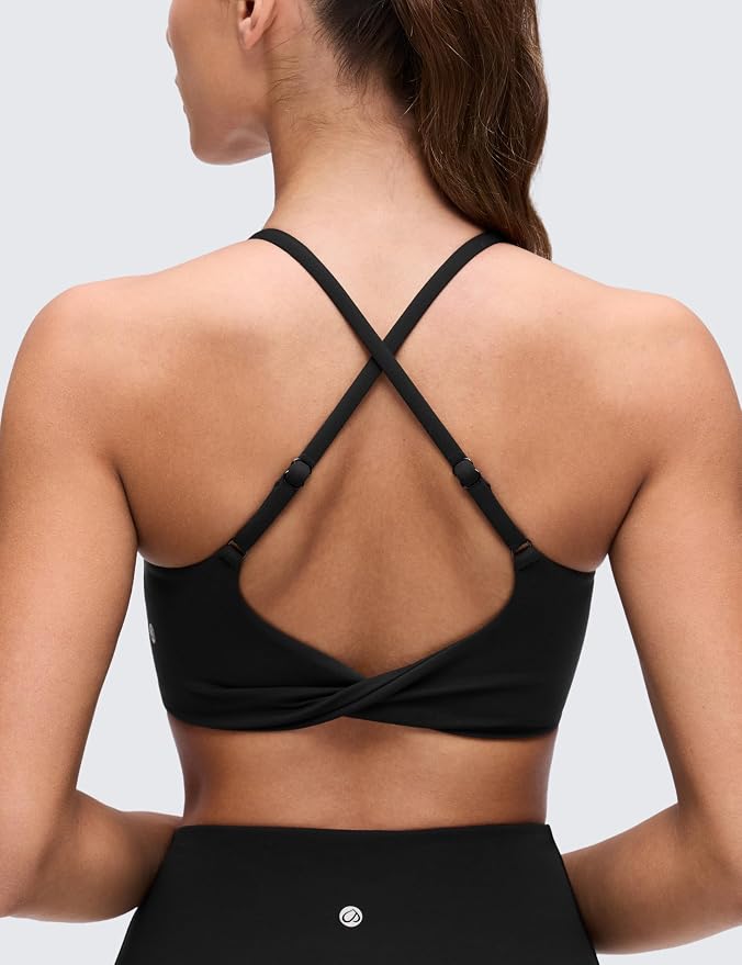 CRZ YOGA Butterluxe Twist Cross Back Sports Bras for Women - U Neck Padded Adjustable Spaghetti Straps Yoga Top