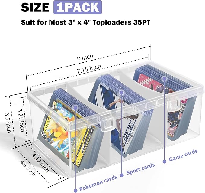 Trading Card Storage Box with 2 Dividers,Toploads Storage Box Plastic Baseball Card Storage Box for 500+ Sports Cards 100+ Top Loads for MTG Magic TCG Yugioh Playing Card Case Holder (1 Pack)