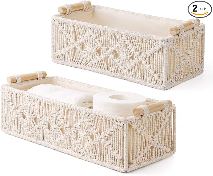 Mkono 2Pc Macrame Storage Basket, Boho Decor Toilet Paper Holder, Ivory | Small Baskets for Organizing, Hand-Woven, Bohemian Beach Coastal Decor, Shelf Vanity Cabinet Bedroom Living Room Office Dorm