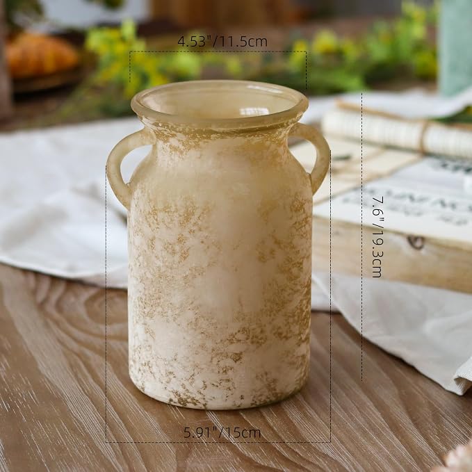 Glass Flower Vase with Handle- 8 Inches Rustic Imitation Ceramic Vase for Flowers, Vintage White Brown Centerpiece Decorations for Farmhouse, Modern Home, Table & Holiday Decorations