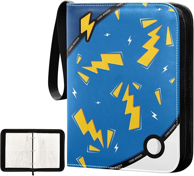 Blue Lightning Card Binder, 4 Pocket Trading Card Holder with 50 Removable Sleeves, Zipper Card Binder Fits 400 Cards, Collection Card Storage Case Album Book Gifts