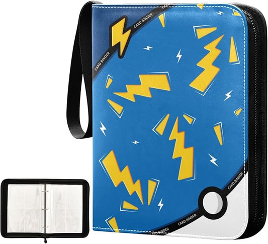 Blue Lightning Card Binder, 4 Pocket Trading Card Holder with 50 Removable Sleeves, Zipper Card Binder Fits 400 Cards, Collection Card Storage Case Album Book Gifts