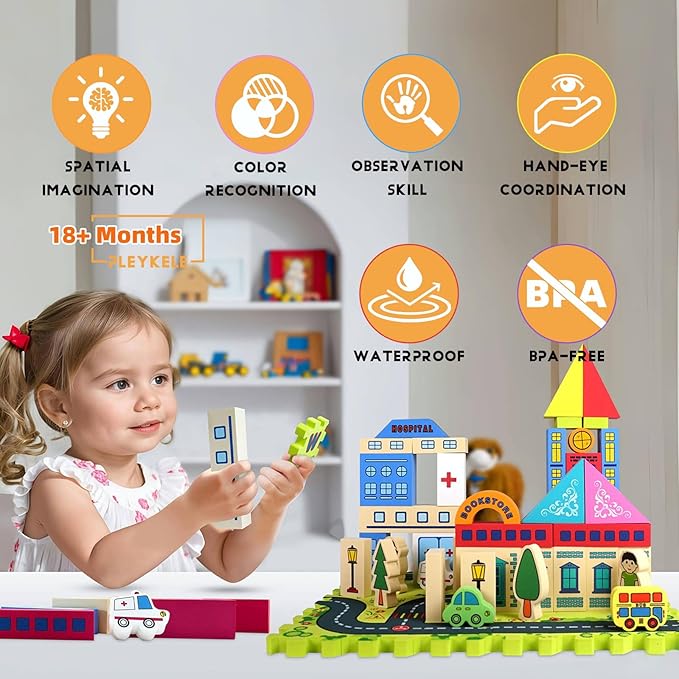 City Street View Foam Building Blocks Set for 2-4 Years Old, Town Construction Soft Stacking Blocks with Alphabet Letters Puzzle Playmat, Educational Learning Gifts for Kids 18+ Months
