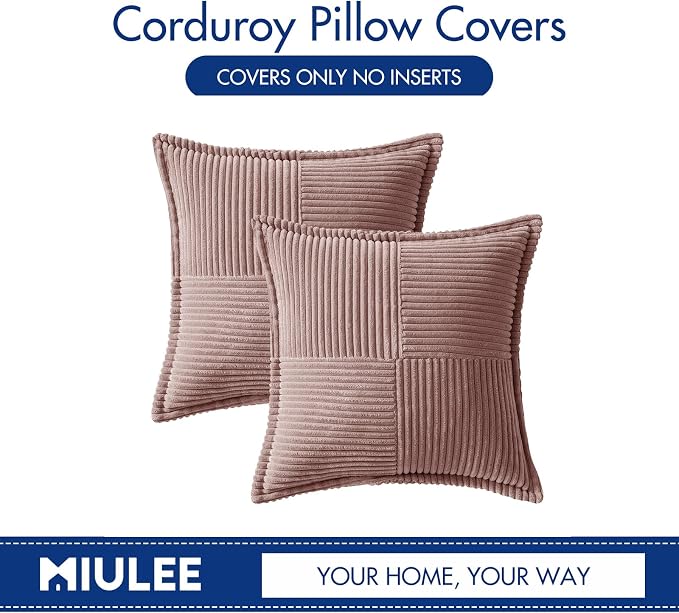 MIULEE Decorative Throw Pillow Covers for Couch 16x16 Inch Blush Pink | 2 Pack, Boho Broadside Striped Patchwork Pillow Covers, Soft Corduroy Cushion Cases, For Sofa Bed Livingroom Home Decor
