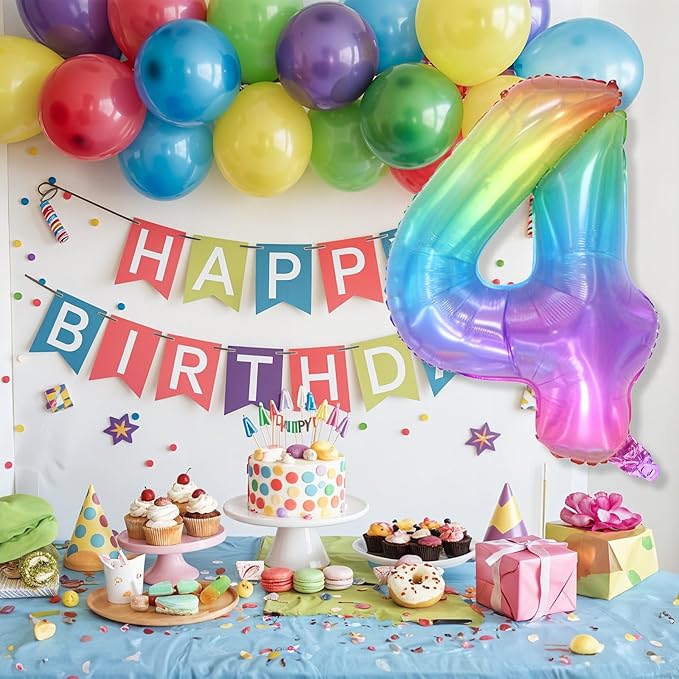 Foil 4 Balloon, Rainbow Number 4 Balloons for Kids Birthday Party Decor, 40'' Mylar Helium Self Inflating Multicolor Colorful Number Four Balloon for Girls 4th Birthday Party Anniversary Decorations