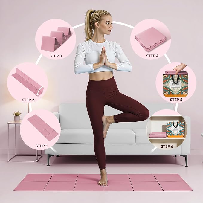 Foldable Yoga Mat Thick Non-Slip Exercise Mat - Packable Travel Fitness Mat with Carrying Bag for Yoga, Pilates, Workout, Home & Gym