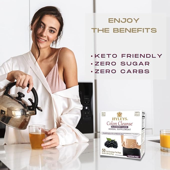 HYLEYS Colon Cleanse Tea, Blackberry Flavor - 50 Individually Wrapped Herbal Tea Bags - Caffeine Free, Gluten Free