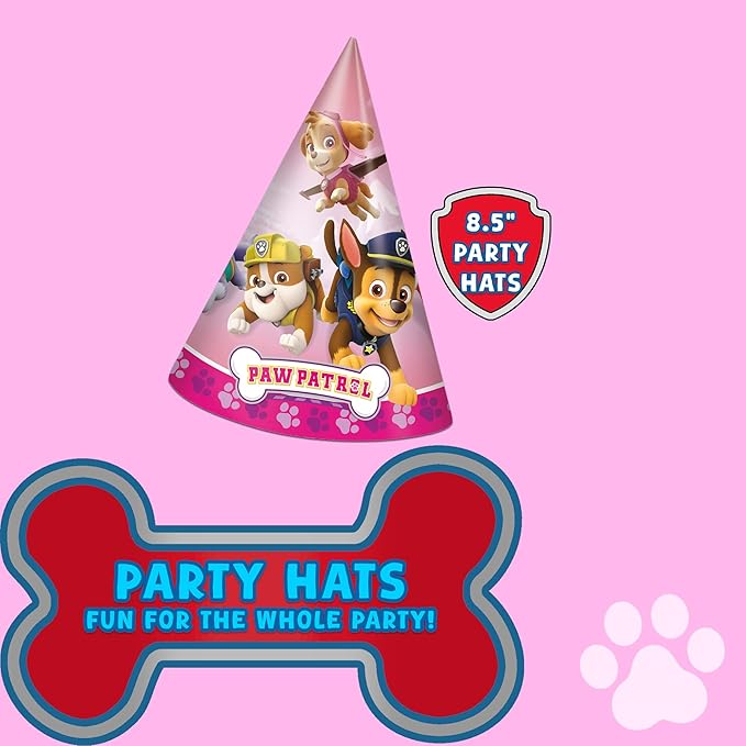 Unique Paw Patrol Girl Party Hats 16 Party Hats with Celebrate With Me Sticker | Kids Birthday Party Supplies