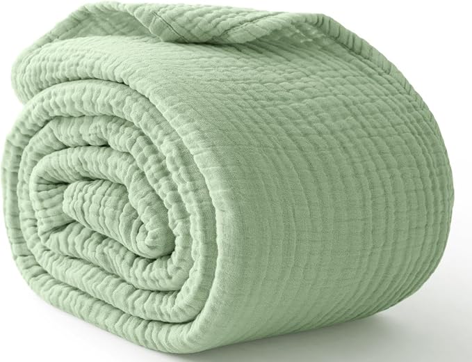 100% Cotton Muslin Blanket King 108" x 90", 6 Layers Breathable and Lightweight Cotton Throw Blanket for Bed, Soft Quilt Bedspread Coverlet, Gauze Blanket for Adults All Season, Sage Green