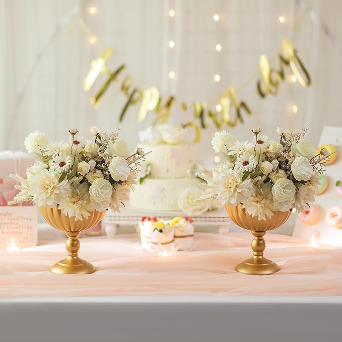 Sziqiqi Gold Urn Vase for Wedding, Tall Vases Centrepieces for Table, 2Pcs | 7.9in Compote Vase, Metal Flower Holder Vases for Floral Arrangement, Pedestal Footed Bowl for Birthday, Party, Anniversary