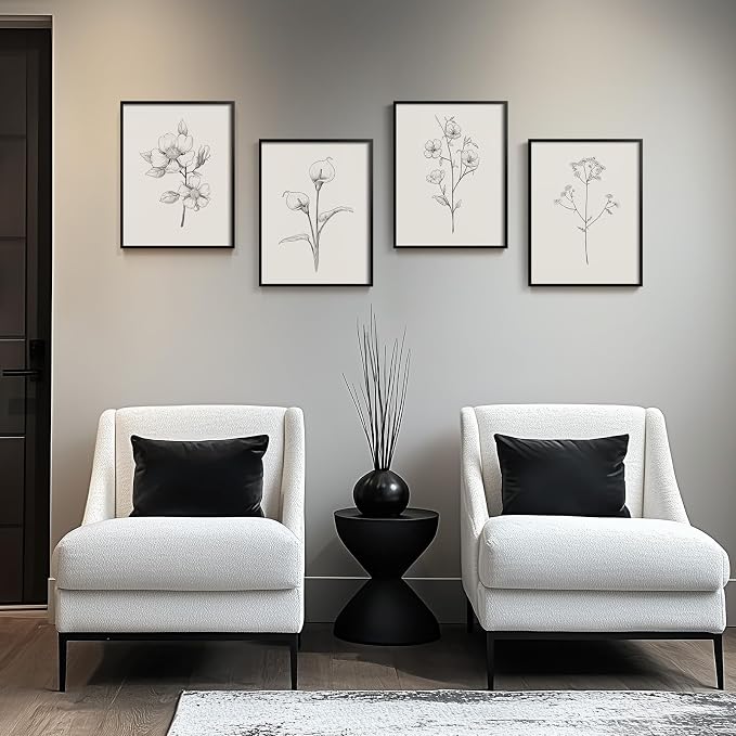 Framed Black and White Floral Wall Art, 4 Piece Vintage Gray Botanical Canvas Prints Painting Artwork, Minimalist Neutral Flower Pictures for Farmhouse Bedroom Living Room Bathroom Home Decor, 11x14