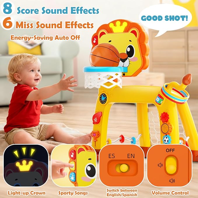 4-in-1 Toddler Basketball Hoop & Soccer Goal and Golf Toys, Interactive Lion Musical Sports Toys with Light for 1 2 3 Year Old Boys Girls, Baby Toy for 12-18 Months, Christmas Birthday Toy Gifts