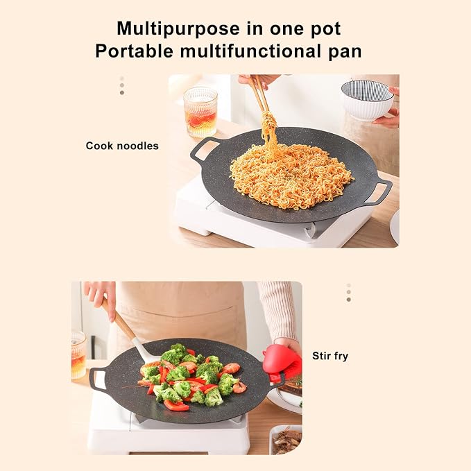 Korean Grill Pan,13inch Nonstick Round Griddle Grill Pan for Korean BBQ,Round BBQ Griddle with Handle,Multifunctional Stove Plate for Meats, Pancakes, Ribs