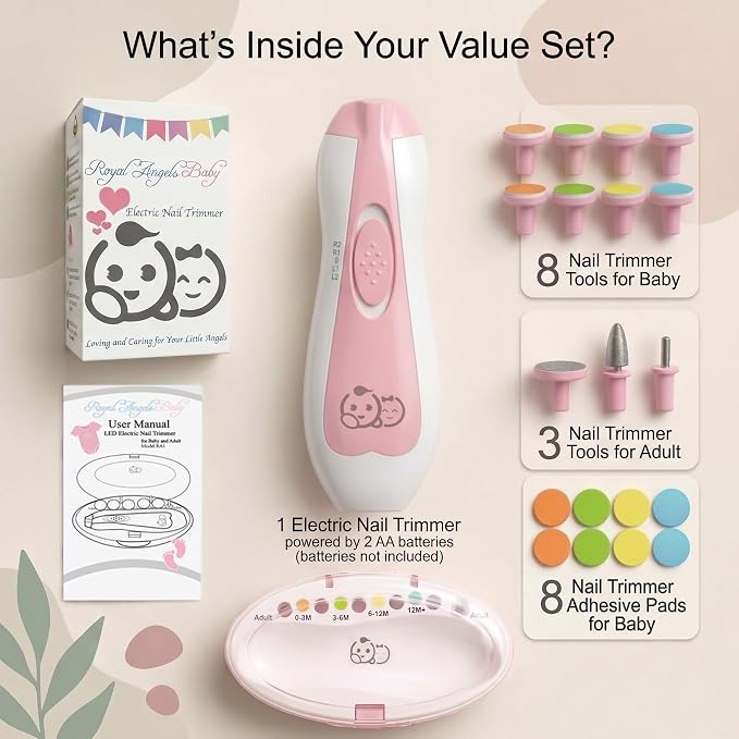 Royal Angels Upgraded 21 in 1 Baby Nail Trimmer with Labeled Case, 13 Extra Replacement Pads, Safe Electric Baby Nail File Kit for Newborns & Toddlers, Whisper Quiet Nail Clipper with LED Light (Pink)