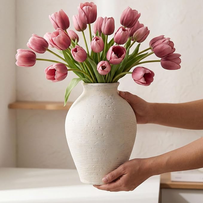 Ceramic Flower Vase Home Decor, 8.6 inch Farmhouse Rustic Vintage Table Vases, Living Room Kitchen Bedroom Decorations for House Book Shelf Office Coffee Desk Dining Fireplace