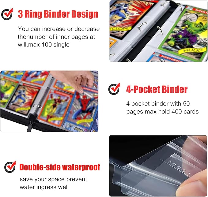 Card Binder for Cards,4 Pocket with 50 Sleeves up to 400 Cards,Waterproof Avengers Card Storage Bag for Boys,Games Cards Display Case