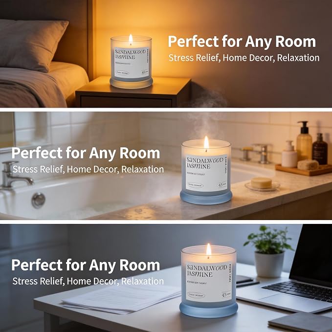 Hidden Label Sandalwood Jasmine Candle, 13oz 2-Wick Soy, 45H Aromatherapy | 45+ Hour Burn | Woody Floral Essential Oils | Non Toxic Plant Wax | Frosted Glass Home Decor | Meditation Gift