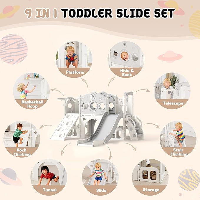 GITAWUSA 9 in 1 Toddler Slide Set Playground Indoor & Outdoor Fun for Kids & Babies Aged 1-3, Featuring Climbing Board, Basketball Hoop, Telescope, Storage Space and Non-Slip Steps, Gray & White