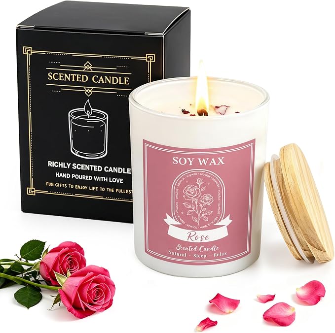 Scented Candle, Candles for Home Scented, 5.2 oz Soy Candles for Aromatherapy, Natural Hand-Poured, Relaxing Rose Scent, Gift for Women Mom (Rose)