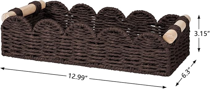 CubesLand Toilet Paper Storage Basket Organizer, Small Wicker Decor Basket | Toilet Tank Top Decorative Basket for Countertop, Handwoven Scalloped Basket W/Handle for Home Decor Living Room, Brown