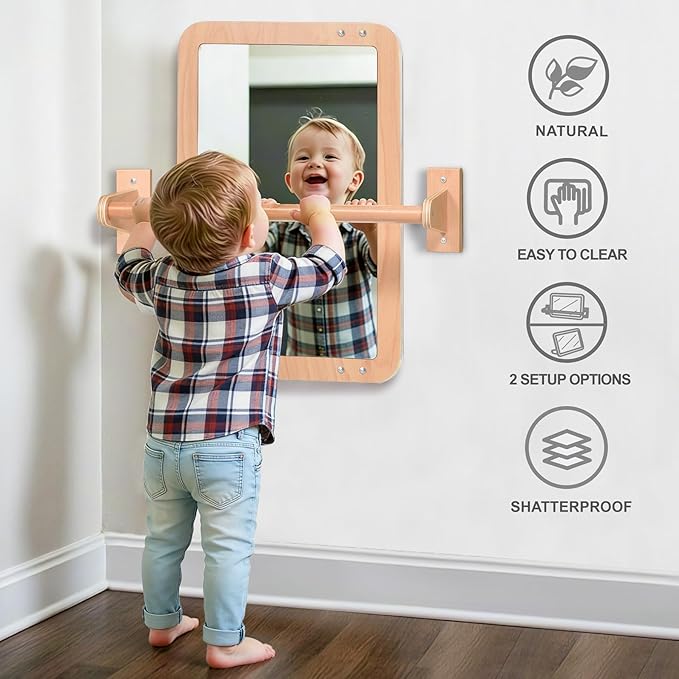 Montessori Baby 2-in-1 Shatterproof Safety Mirror with Pull-Up Bar - Infant Wall Mount & Floor Play for Tummy Time (6 Months+)