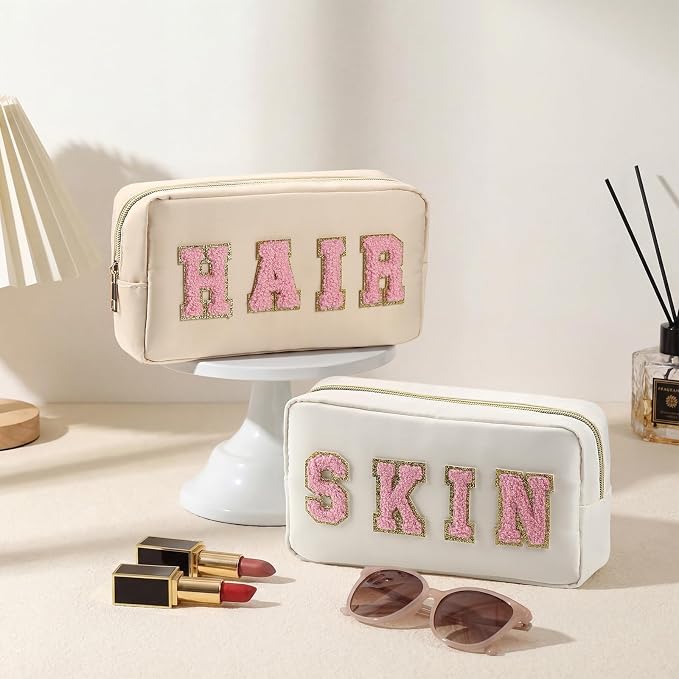 Preppy Makeup Bags Chenille Letter Stuff Bag Nylon Cosmetic Pouch Cases with Zipper for Women Travel Toiletry(Cream Color,Classic,2 Pcs)