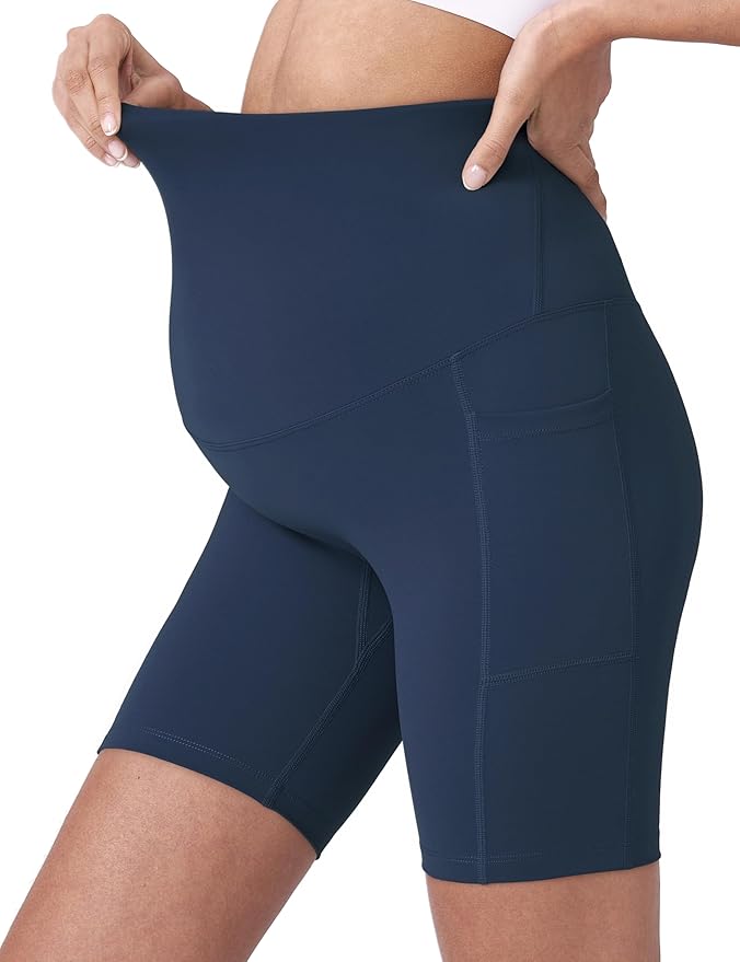 POSHDIVAH Women's Maternity Yoga Shorts Over The Belly Bump Summer Workout Running Active Short Pants with Pockets 5"/8"