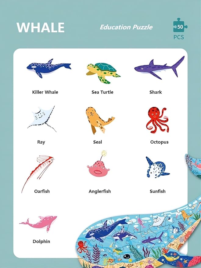Jigsaw Puzzles for Kids Ages 4-8, 8-10, Colorful Animal Shaped Puzzle Floor Puzzles Children Learning Educational Toys Games Gifts for Boys and Girls (Whale-50 PCS)