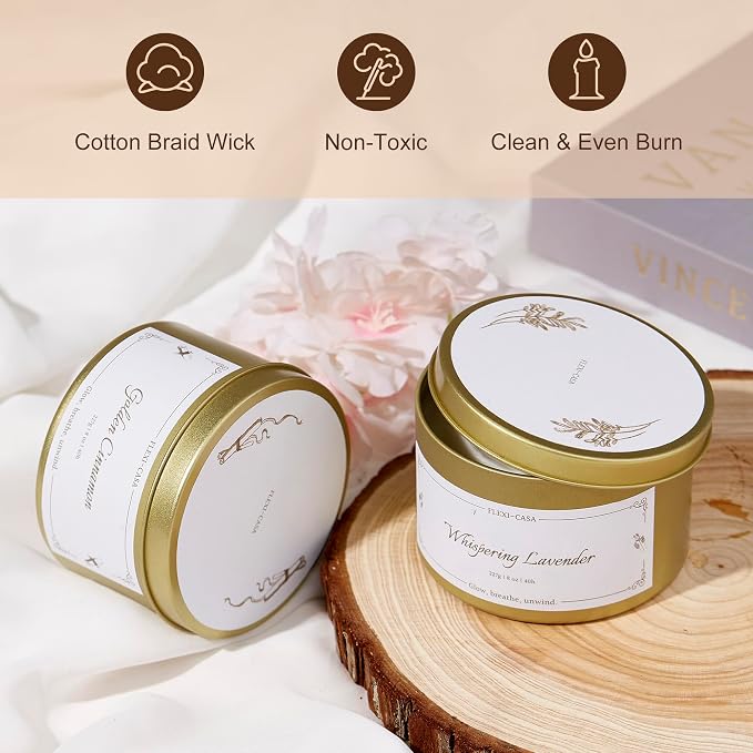 Lavender Cinnamon Candle Set, Soy Wax Tin Candles, 2 Pack | Lavender and cinnamon 2-pack soy wax tin candles, 8 oz each, with warm floral scents and gift-ready packaging