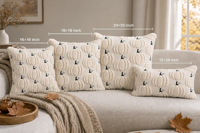 Fall Pumpkin Decorative Pillow Covers 16x16 Set of 2, Beige Soft Plush Faux Fur Wool Farmhouse Throw Cushion Cases for Autumn Thanksgiving Holiday Home Decorations