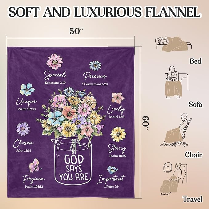 Christian Birthday Gifts for Women, Christmas Religious Gifts for Women | Baptism Religious Christmas Spiritual Gifts for Grandma Nana Mom Sister, Throw Blankets with Flowers, 60''x 50'', Deep Purple