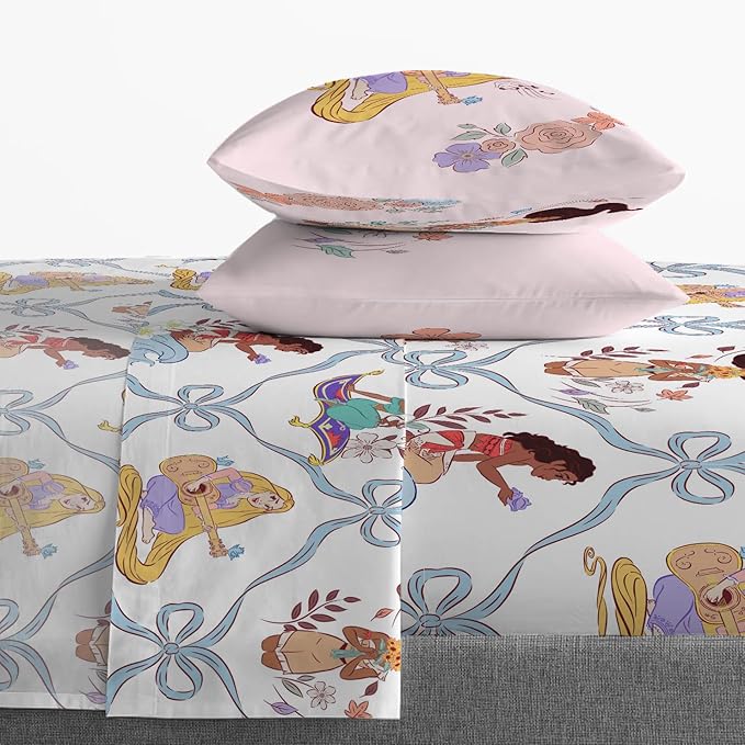 Jay Franco Kids Sheet Set with Fitted, Flat Sheets & Pillow Cover - Ultra-Soft Bedding with Pillowcase for Room Decor, White – Disney Princess, 4 Piece Full