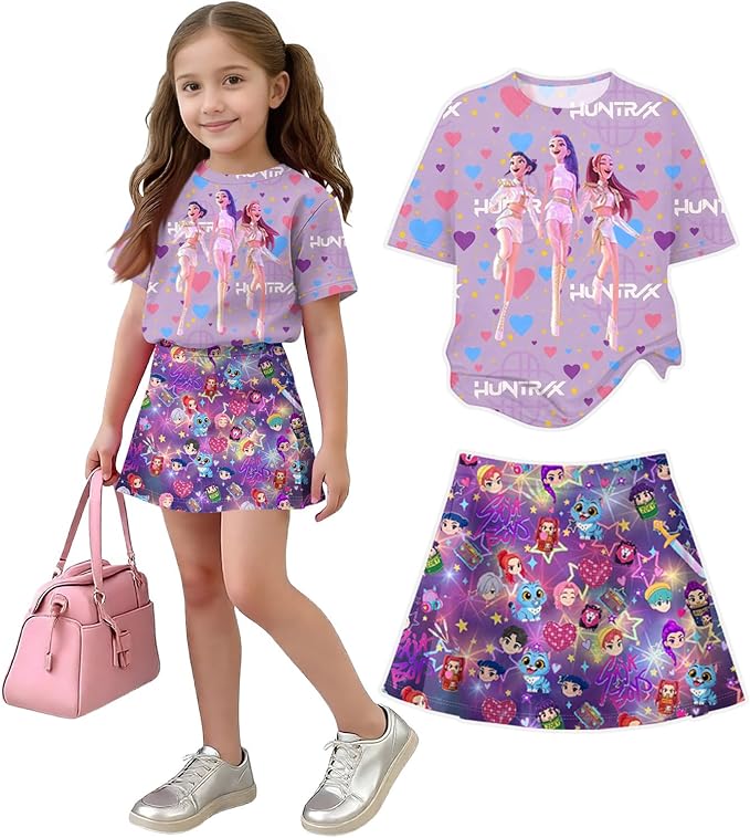 HTHLVMD K Pop Short Sleeve T-Shirt and Skirts Outfits Set for Girls Hunters Rumi Mira Zoey Graphic Tees De-Mon Costume