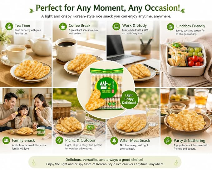 Rice Cracker Snack, Korean-Style Senbei, Individually Wrapped Sweet & Savory Treats, 67% Rice Content, Tea Time Snack, 10.6 oz 쌀과자