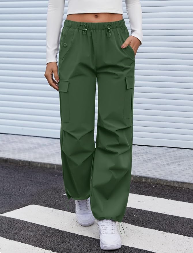 COPYLEAF Cargo Pants Women Elastic Waisted Parachute Hiking Pants with Pockets Water-Resistant Lightweight Baggy Pants