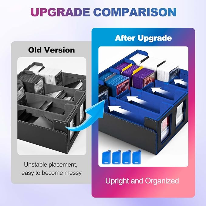 UAONO Trading Card Storage Box with Commander Display; 2400+ Deck Box for MTG with Removable Cover; Top Loaders Card Case fits Magic TCG PTCG Sports Cards; 24 Dividers, 4 Stoppers (Black, Blue)