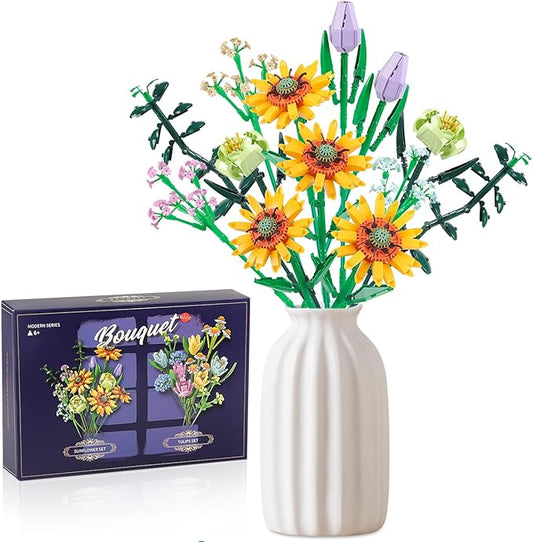 Flower Bouquet Building Blocks Sunflower Botanical Collection Bricks Sets Creative Toys Kits Mother's Day Birthday Aniversary Gifts for Adults Mom Girlfriends Old Kids 8-12, 6-12 (975 PCS)